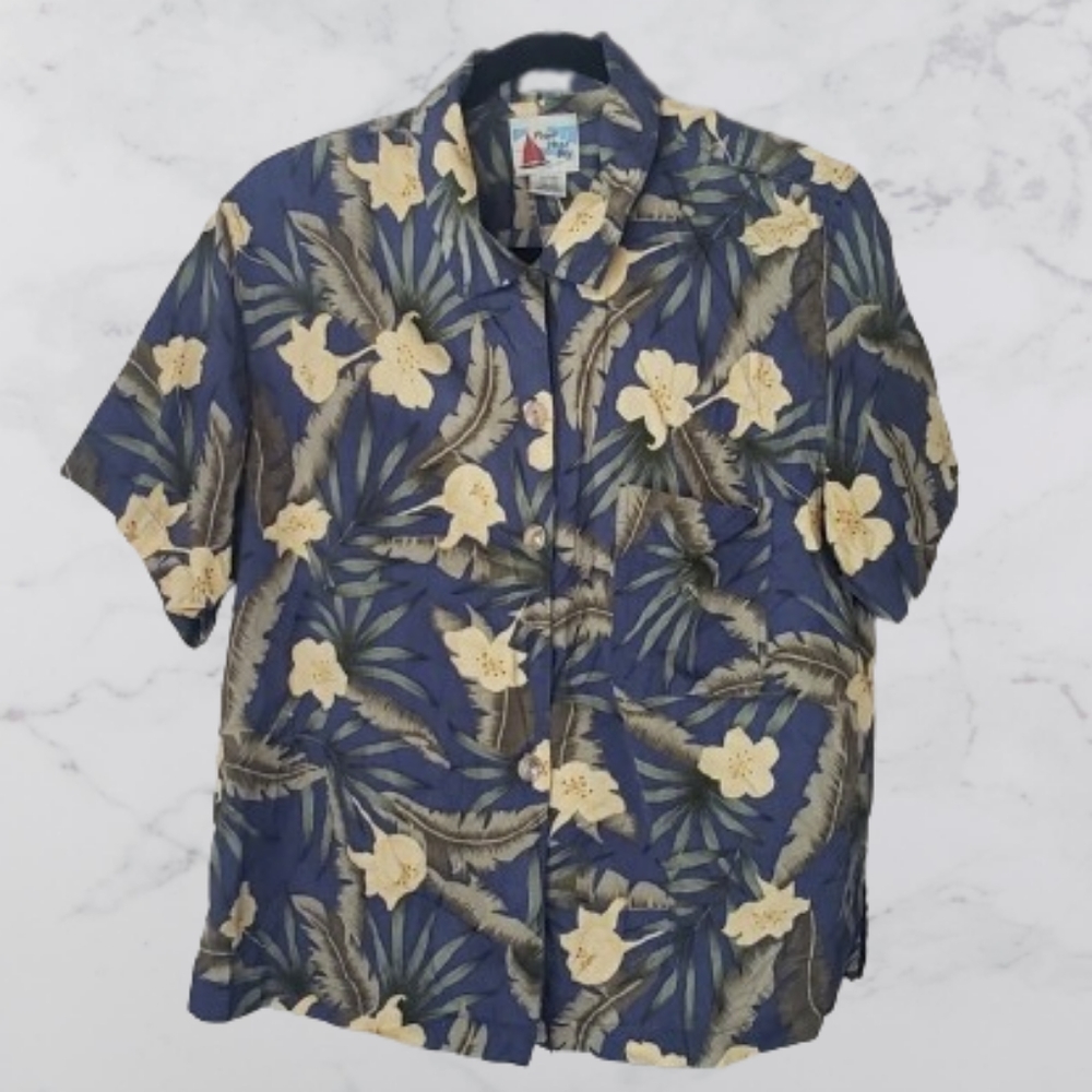 Vintage Womens Small Silk Beach Tropical Blue Yellow Floral Button Up Blouse